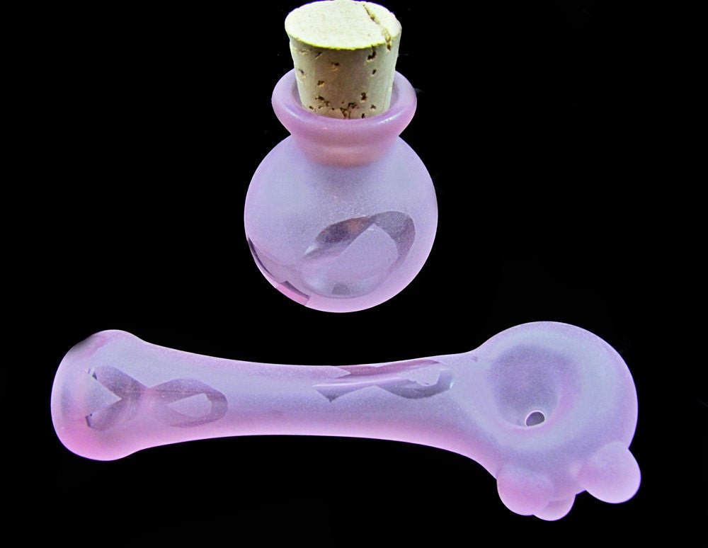 Hand Blown Glass Tobacco Pipe and Jar Set Breast Cancer Pink