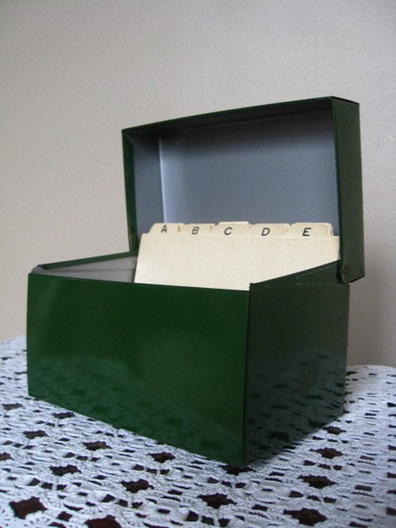 Industrial Chic. Hunter Green Metal Index Card File Box With