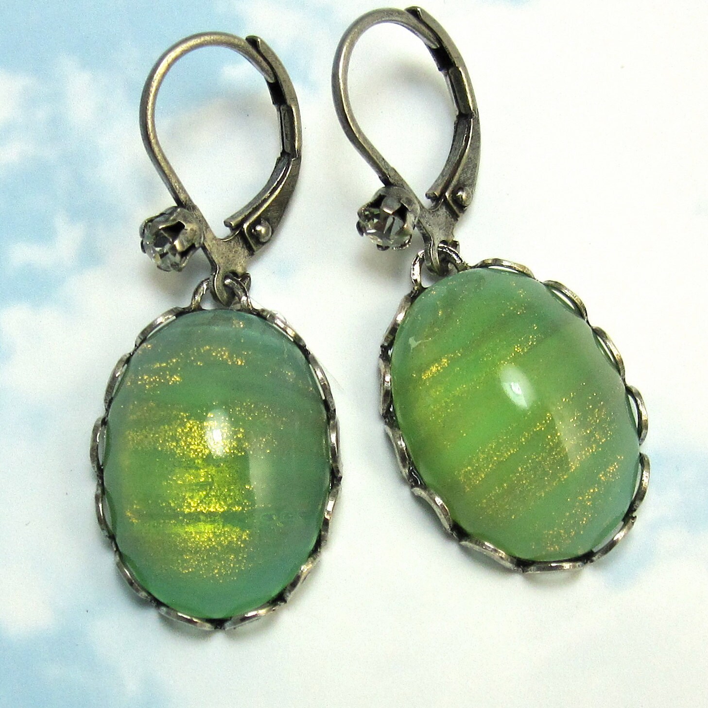 Green Drop Earrings iridescent Celadon in Silver art deco