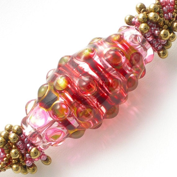 Items Similar To Necklace Hand Blown Glass Bead Beaded With Bronze Pink And Brick Red Beads 6722