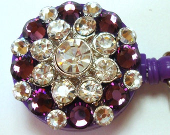 Purple and Clear Rhinestone and Swarovski Crystal Embellished ID Badge Retractable Name Tag Reel