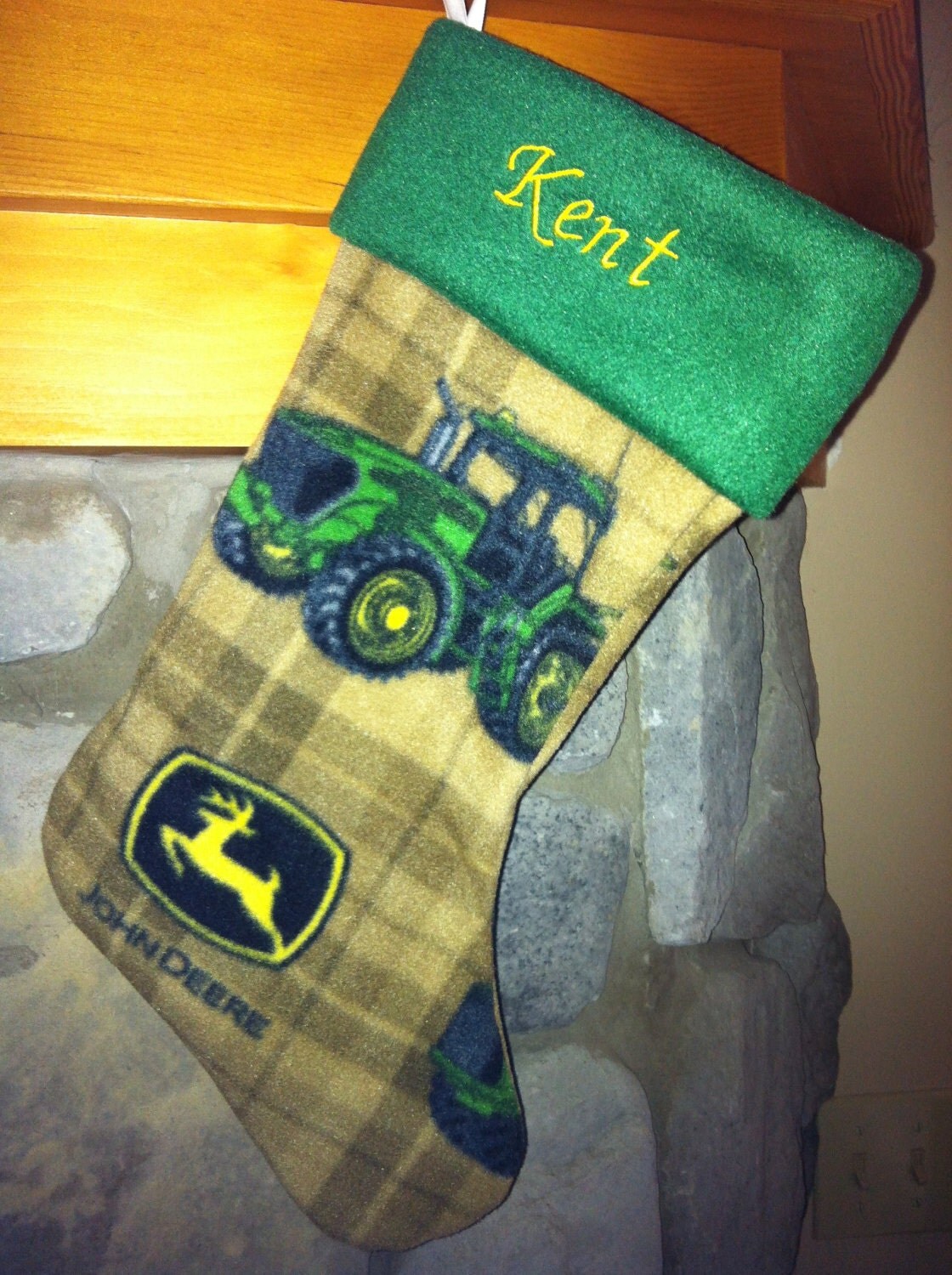 John Deere Tractor Fleece Christmas Stocking by FleeceHatsGalore