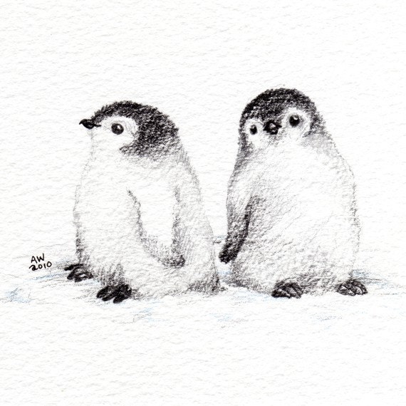 Items similar to 2 Little Penguin Chicks Original Pencil