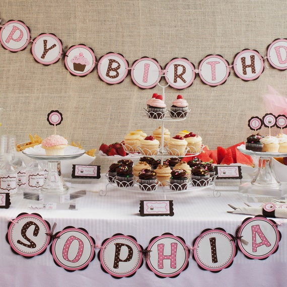 First Birthday Banner - Cupcake "Happy Birthday" Banner - Girls First Birthday Decorations Il_570xn