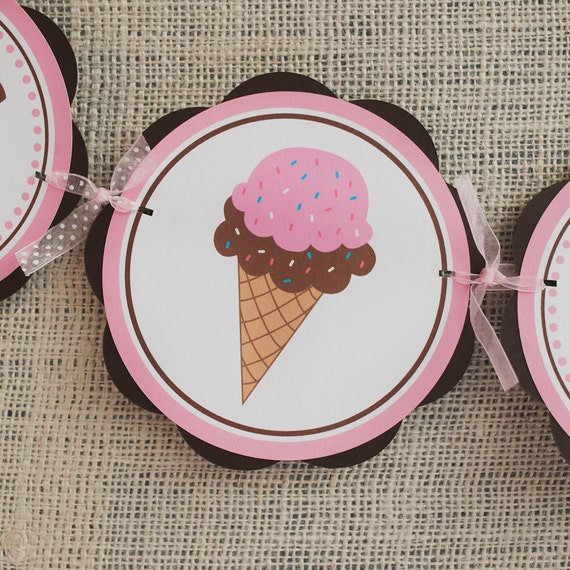 HAPPY BIRTHDAY Banner - Ice Cream Cone Pink and Brown ice cream theme party package first birthday banner Il_570xn