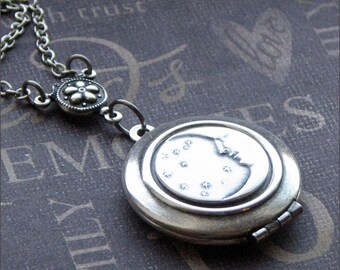 Silver Locket Necklace - Enchanted Moon And Stars - Jewelry by TheEnchantedLocket - ENCHANTED Wedding Bride Daughter Gift