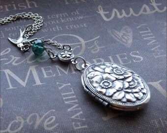 Silver Rose Locket Necklace - Enchanted Emerald Garden - Jewelry by TheEnchantedLocket - ROMANTIC Wife Bride Anniversary Wedding Gift