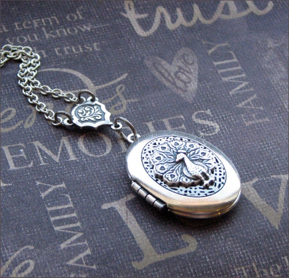 Silver Scent Locket Necklace Enchanted Royal Peacock By