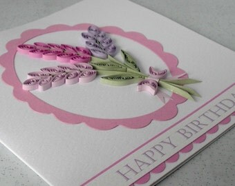 Quilled birthday card, paper quilling, lavender