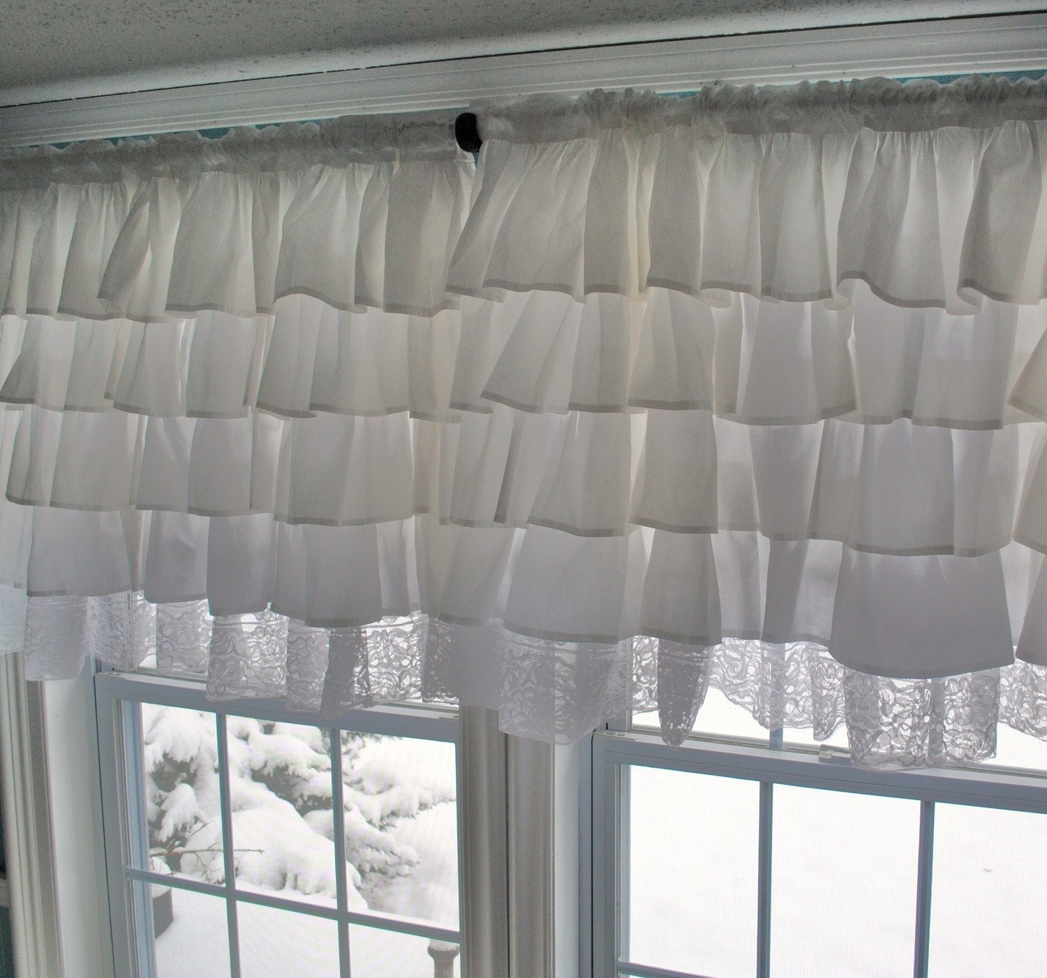 White Ruffle Curtain with Lace Trim by PaulaAndErika on Etsy