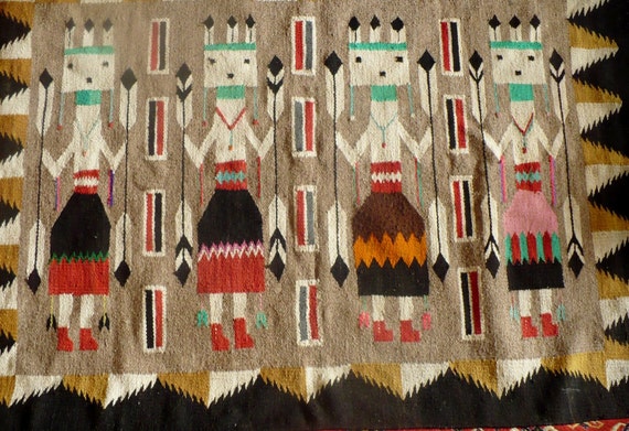 Vintage Navajo Rug Weaving Wall Hanging Yei Dancers