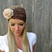 Wide Stretch Lace Headband in Chocolate Brown with Detachable Frilly Flower Brooch in Cream Tones and Cheetah Print