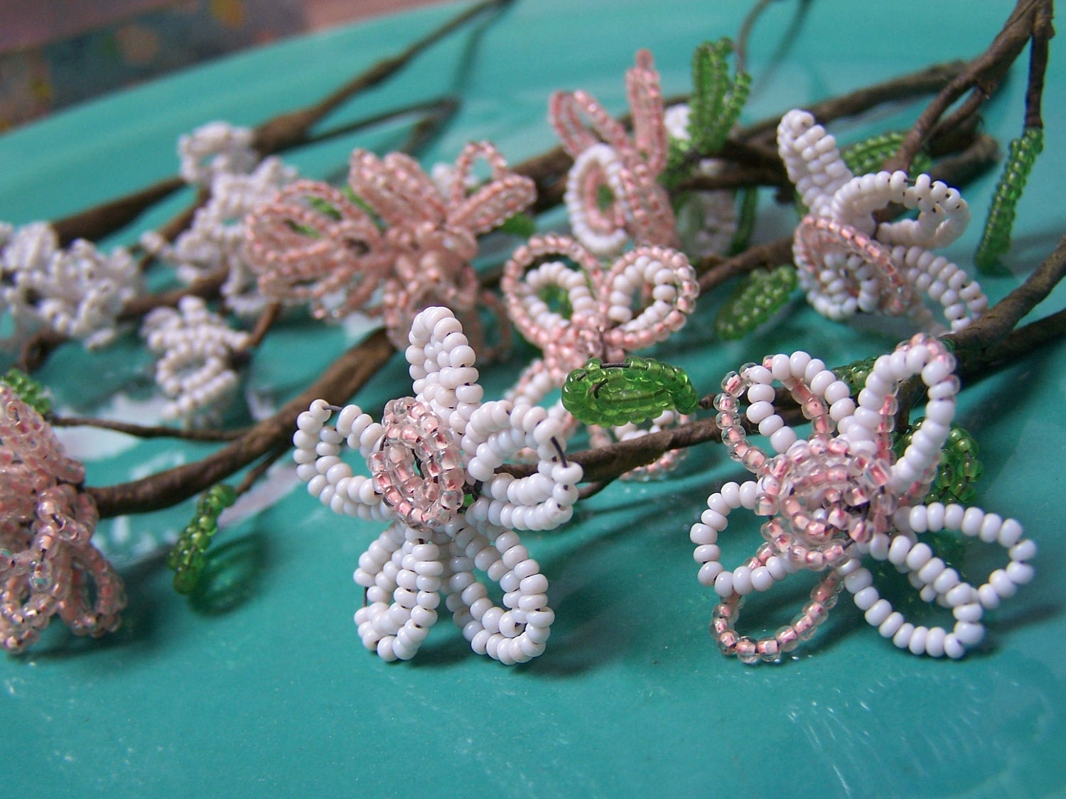 12 Vintage glass beaded Flowers stems French VINTAGE by