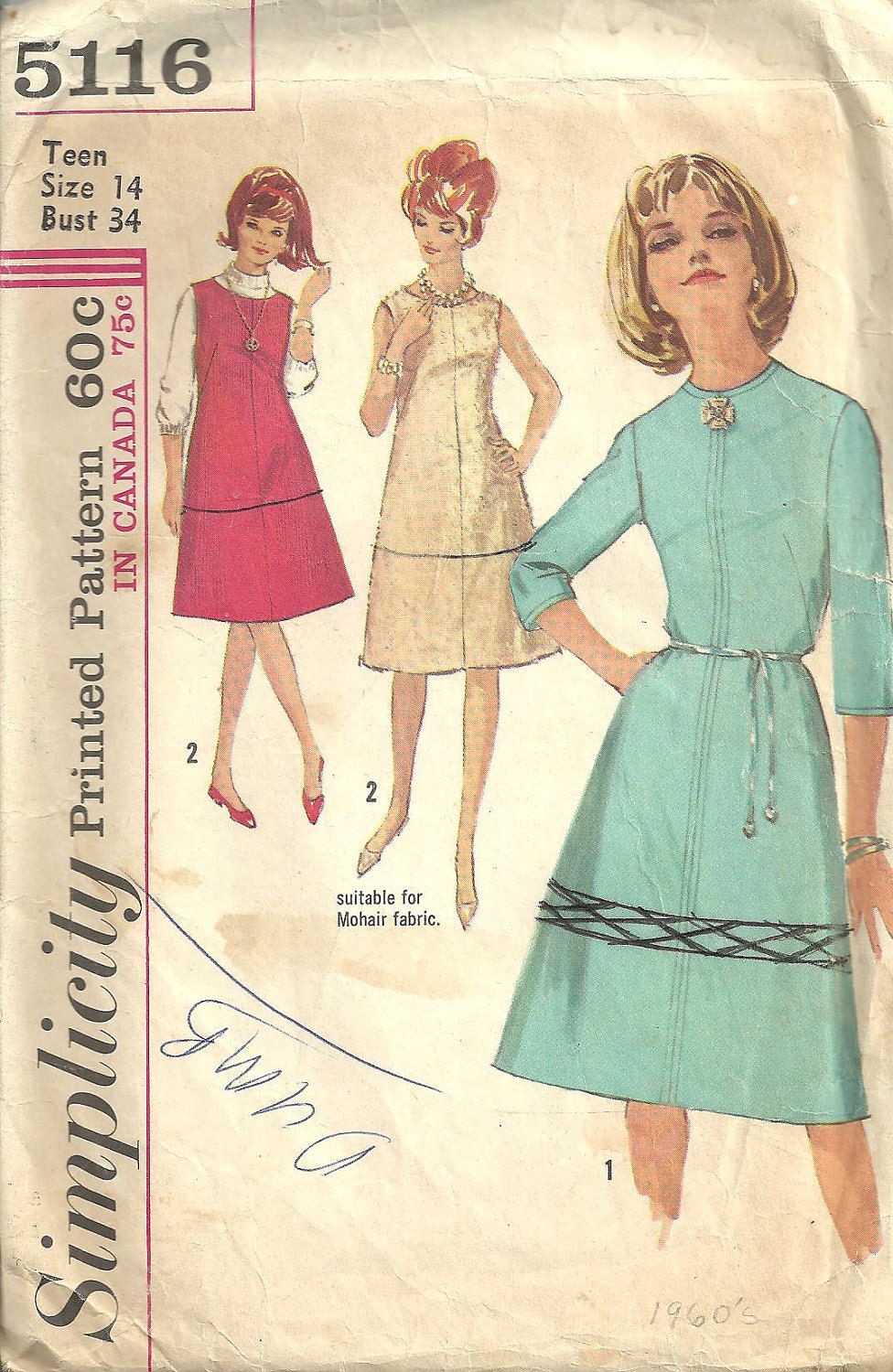 Vintage Simplicity A line Dress Pattern 5116 year 1960 size 14