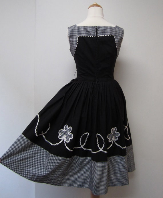 Black Vintage Dress w / Gingham & Rickrack Trim