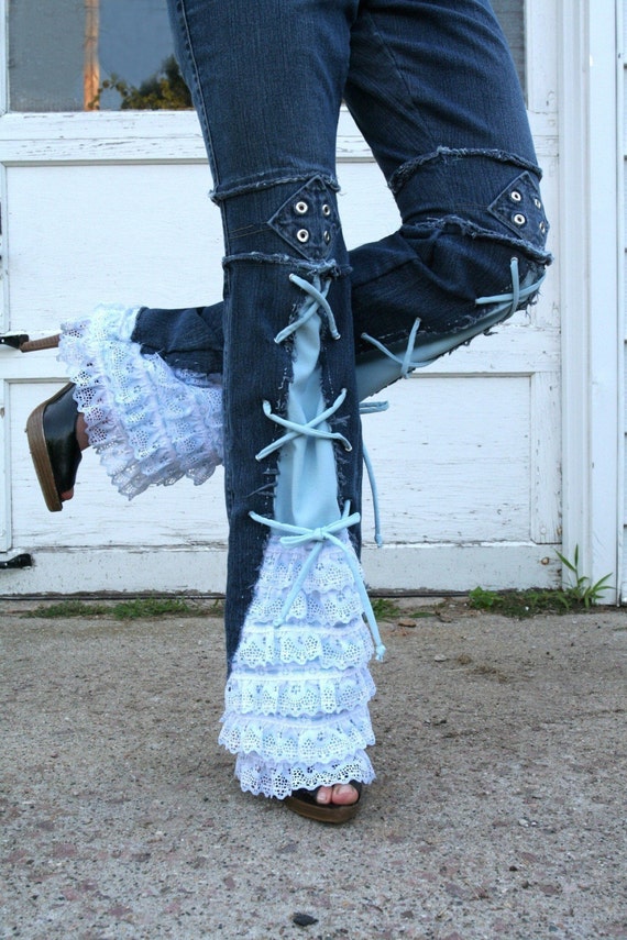 Chelsie Belles designer    Girl that has it all blue jeans.  recycled  lace ruffle grommet embellished jeans any size