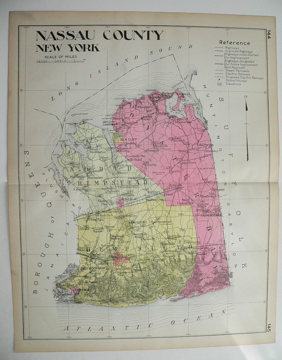 Antique Nassau County Ny Map Vintage Large New By Oldmapsandprints