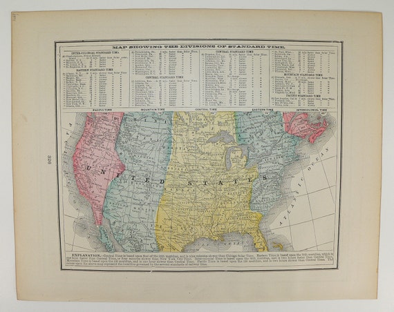 Items similar to 1894 Antique Map of Time Zones in the United States on ...