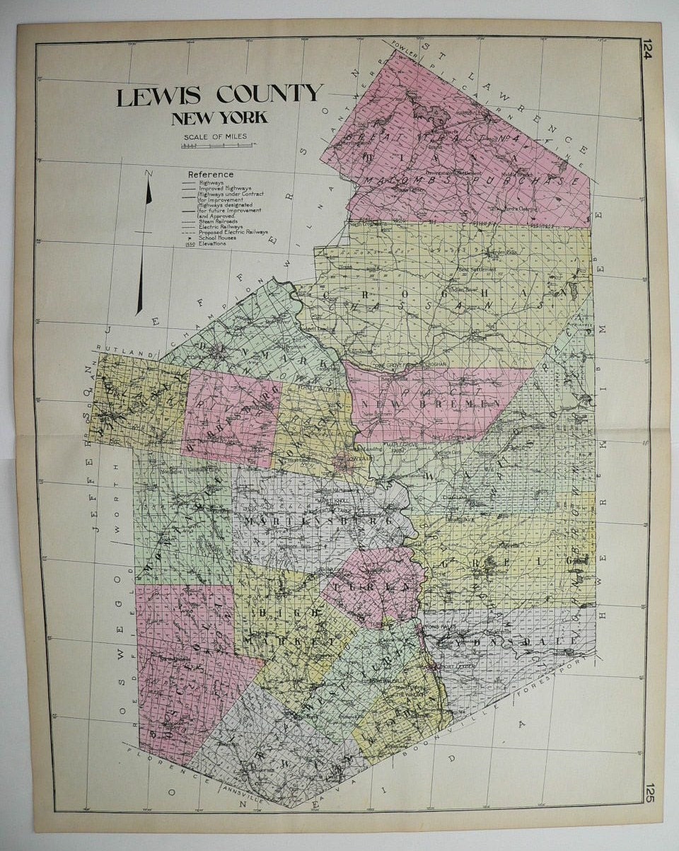 1912 Lewis County NY Map New York County Large Map Original