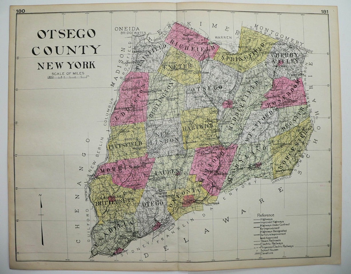 1912 Large Otsego County New York NY Antique Map Cooperstown