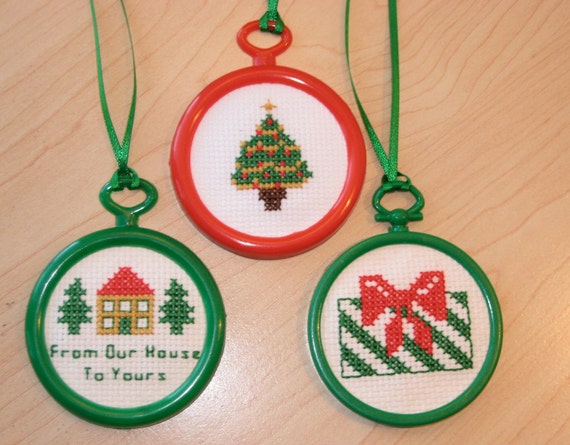 Three Completed Cross Stitch Christmas Ornaments For Your Tree