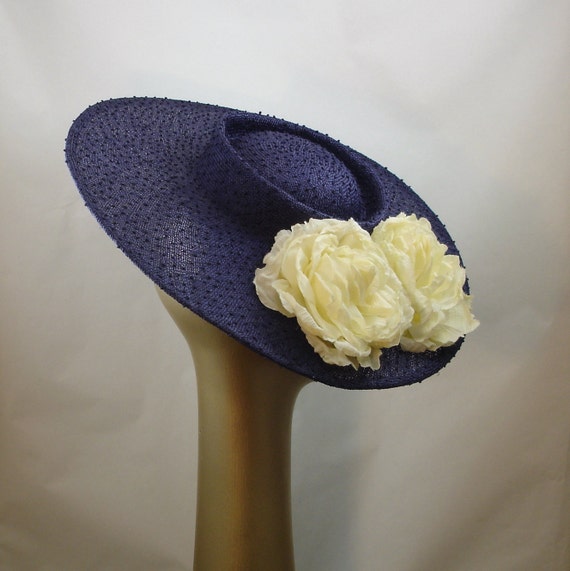 Saucer Hat Vintage Style Blue Straw Hat with Ivory Roses