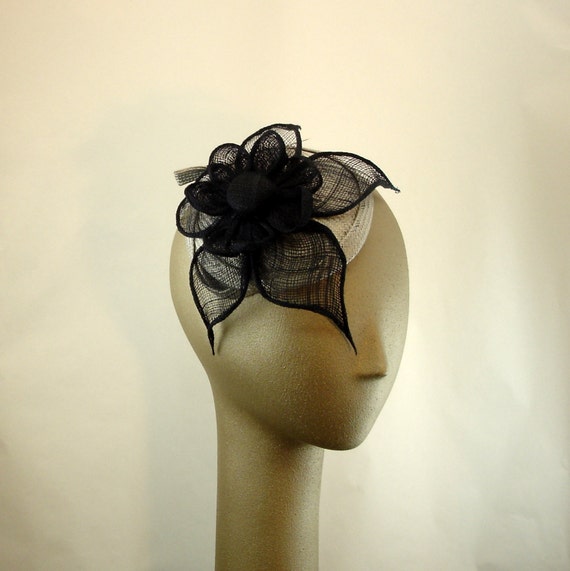 Fascinator Straw Cocktail Hat in Silver and Midnight Blue for
