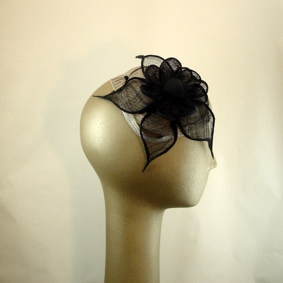 Fascinator Straw Cocktail Hat in Silver and Midnight Blue for