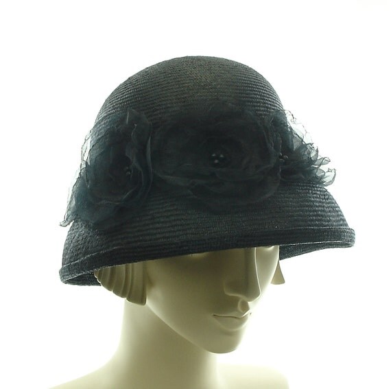 Items similar to Black CLOCHE HAT for Women - 1920's Style Straw Hat on ...