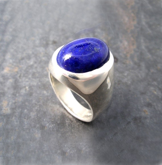 Mens Heavy Oval Lapis Lazuli Ring in Sterling