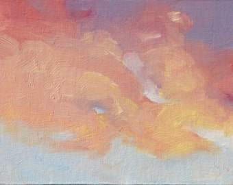 Sunset Two. Cloud painting. Original oil painting on canvas board by Yvonne Wagner. Framed 5 x 7 (13 x 18 cm). Ciel. Les Nuages. Sale.