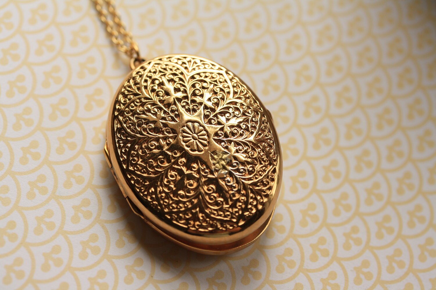 Large Vintage Gold Locket Necklace with Spiral by FreshyFig