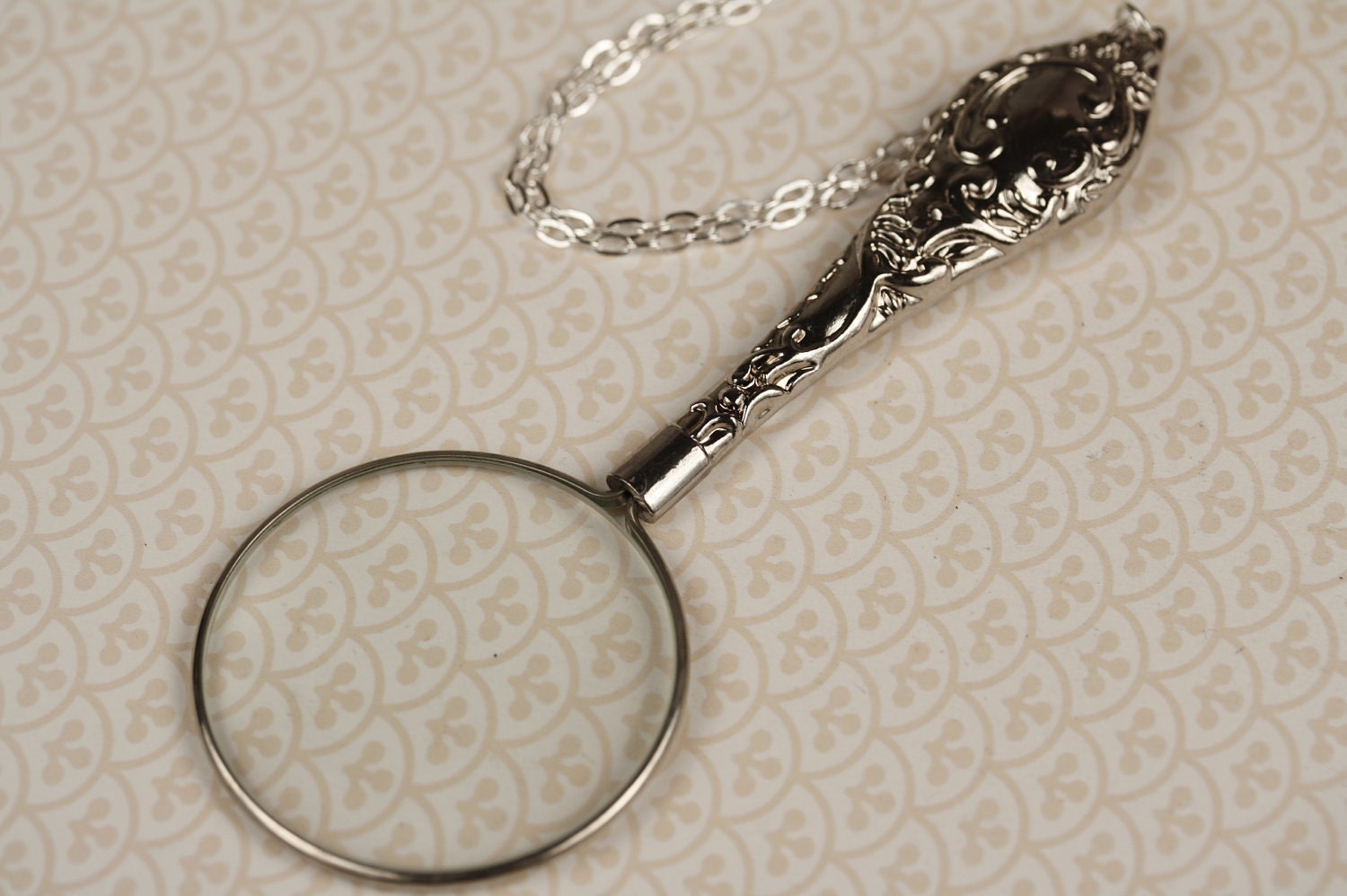 Large Silver Magnifying Glass Necklace Ornate Magnifier
