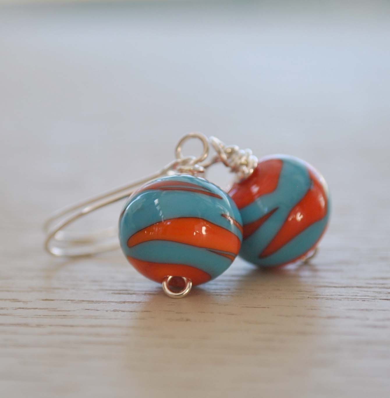 Orange and Turquoise Twist Lampwork Glass Earrings