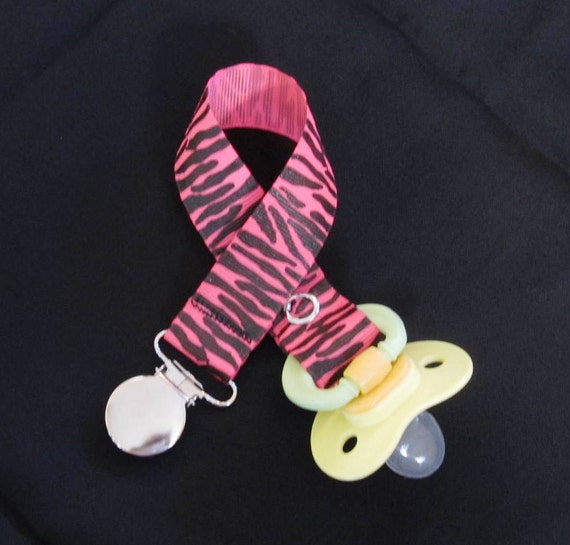 Hot Pink Zebra Pacifier Clip Girl Pacifier Clip by TootandPuddle