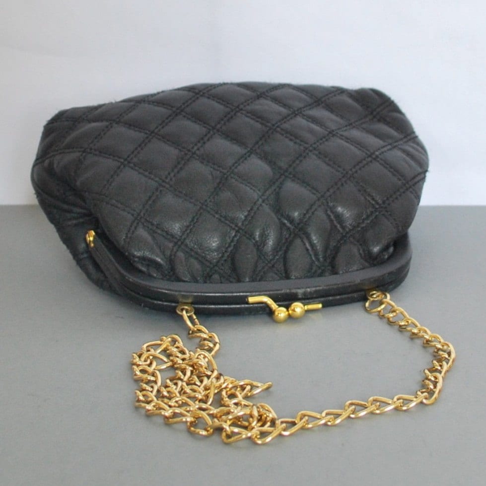 Black Leather Quilted Purse with Gold Chain