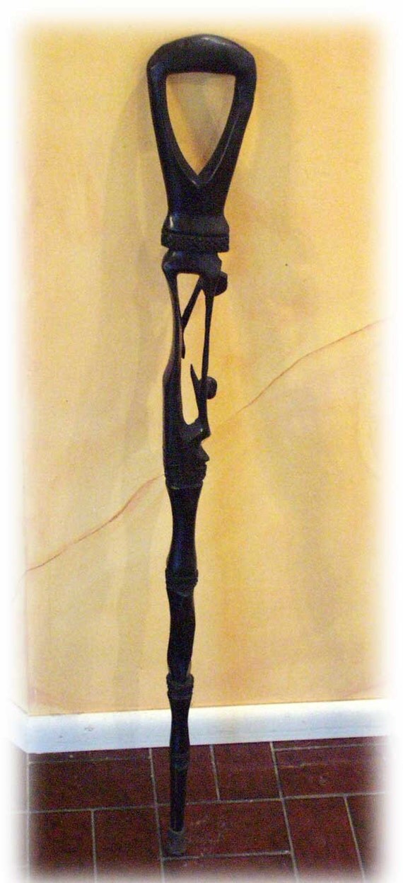 African Folk Art Handcarved Wooden Walking Cane Two Figures