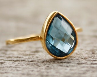 Gold Blue Topaz Ring - Gemstone Ring - London Blue, December Birthstone Ring, Teardrop