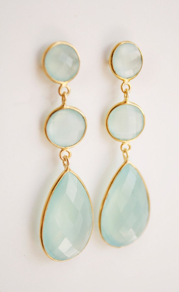 Glowing Aqua Blue Chalcedony Drop Earrings Mint Green Sea