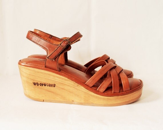 Vintage Platform Wooden Wedge Leather Sandals by thespeckledperch