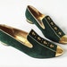 Vintage Suede Slipper Loafers Emerald Green and Gold 6.5