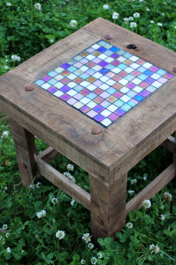Iridescent Glass Mosaic Tile End Table. Rustic Contemporary