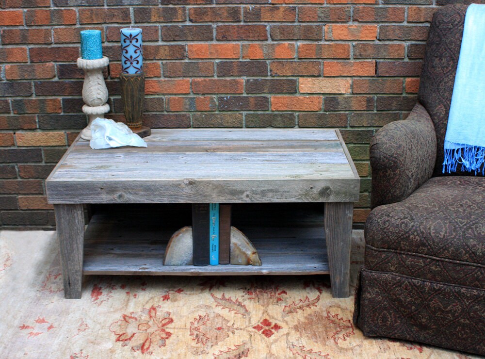 Rustic Coffee Table with Shelf Reclaimed Wood Unfinished