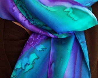 Silk Scarf Handpainted in Amethyst and Emerald