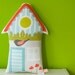 decorative house pillow printed in high quality cotton fabric in red, light blue and green with little bird