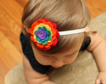 Elastic Headband with Rainbow Felt Flower - Perfect for School, Kids, Teens and Adults