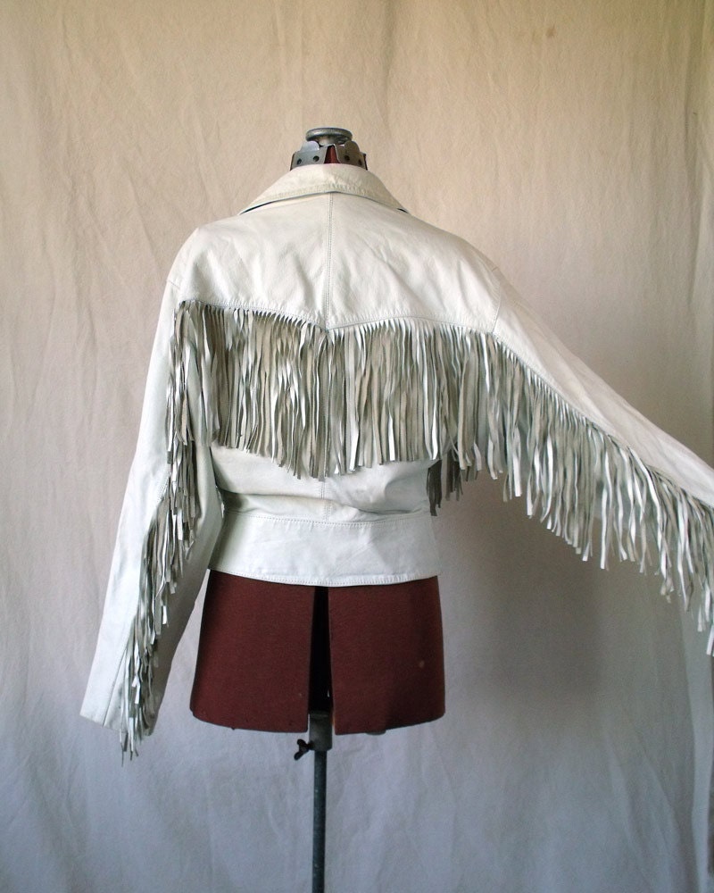 Vintage 80s White Leather Jacket Sz Med Fringe Rock n Roll