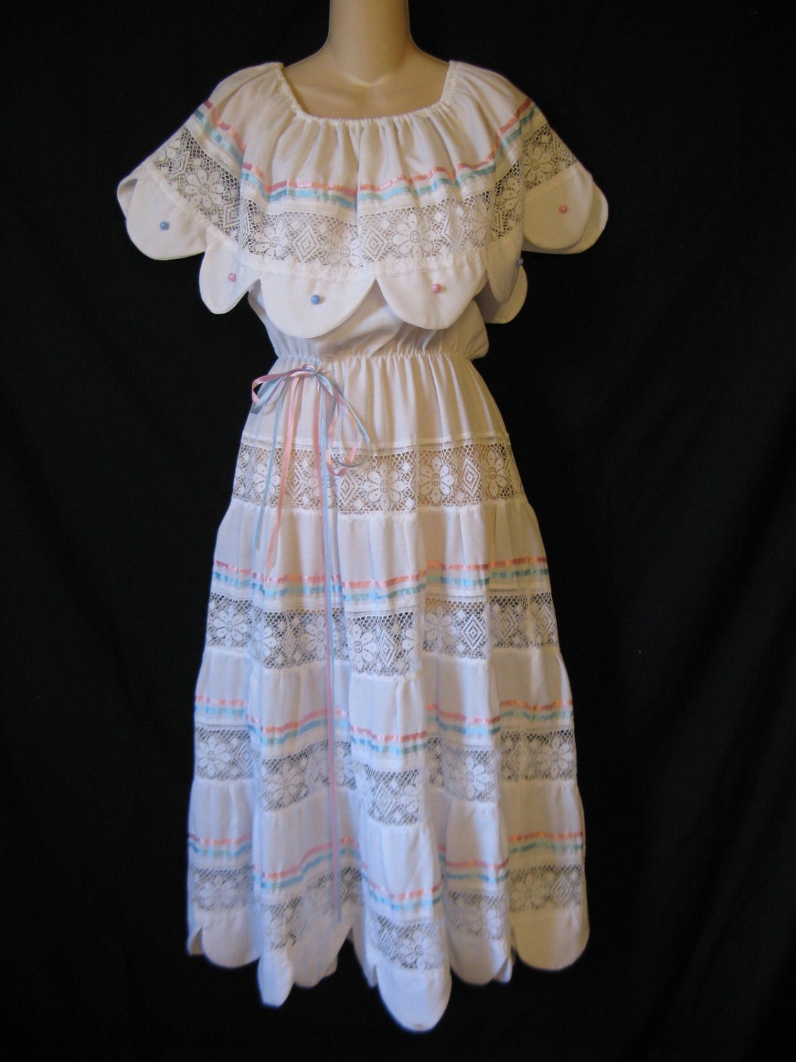 1970's white mexican wedding dress. boho lacy tiered