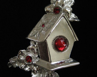 Sterling Silver Birdhouse Brooch, Red Rhinestones