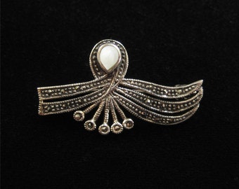 Sterling Silver, Marcasite, Mother of Pearl Pin